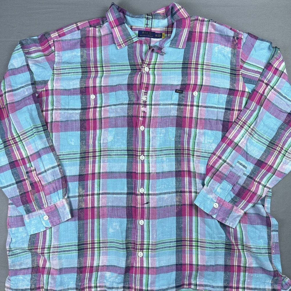 Polo Ralph Lauren Shirt Mens 3XB Blue Plaid Distressed  Loop Collar Long Sleeve